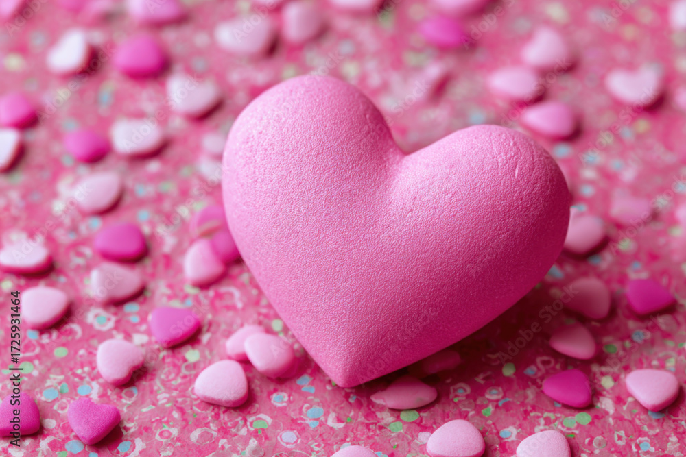 Obraz premium Pink heart shaped decoration surrounded by smaller heart candies on a vibrant pink background during a festive occasion