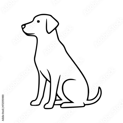 A simple line drawing of a dog sitting patiently. The dog is in a relaxed pose, with its tail slightly curled