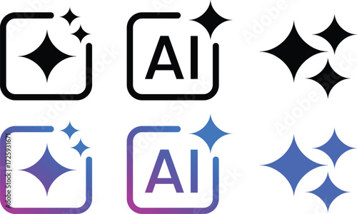 AI generate icon set ai, sparkle star with square button, artificial intelligence star logo