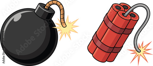 Explosive icons front view, cartoon black bomb red dynamite bundle with fuse spark, danger symbol, detonation vector illustration design 2