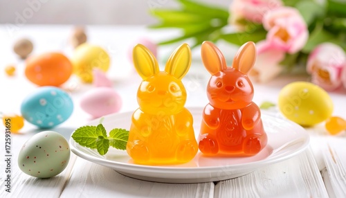 Easter Jelly Bunny Treats: Orange and Red Gummy Rabbits with Pastel Eggs and Tulips