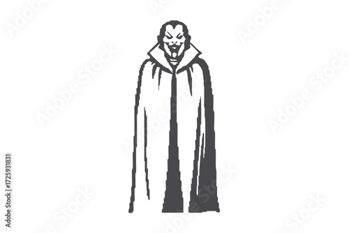 Sinister vampire stares out with pale skin wearing a long dark cloak and fangs