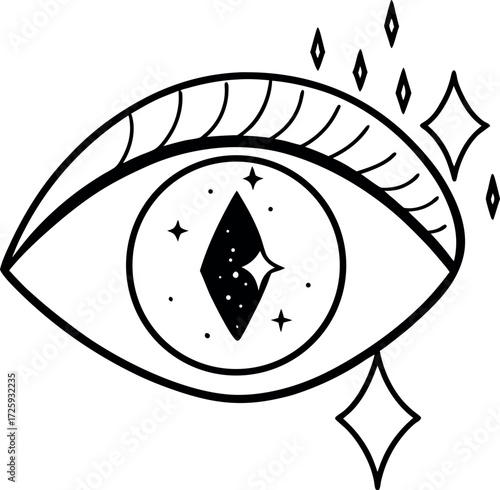 Eye with galaxy iris and crystal tears illustration on transparent background