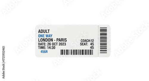 Travel ticket for an adult on a one-way journey from London to Paris, ready for departure.