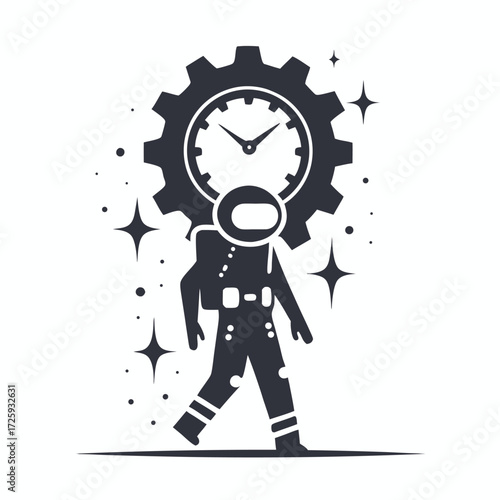 Spaceman silhouette walks with gear clock above against stars in a monochrome setting