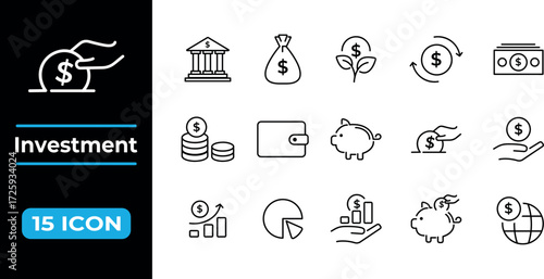Line flat vector icons for banking, finance, trading, and e-commerce – money, income, savings, cash, investments, financial growth, minimalist linear style