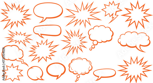 Vibrant orange speech bubbles and bursts for dynamic messages ideal for fun creative projects and modern communication design