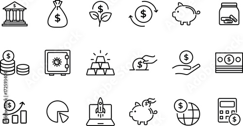 Flat line icons for banking, finance, trading, and e-commerce – money, cash, savings, income, investments, financial growth, minimalist vector set
