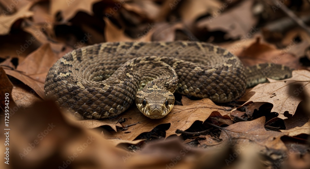 Fototapeta premium Detailed close-up of a coiled rattlesnake amidst fallen oak leaves