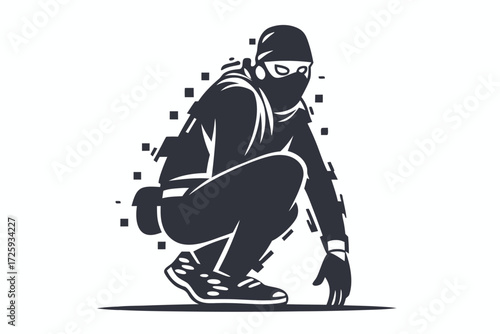 Squatting masked person in sporty clothes with hood over their head is prepared