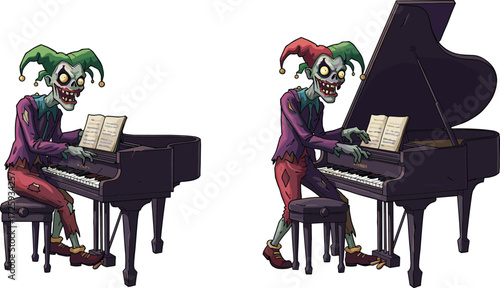 Creepy jester playing piano, spooky musician illustration, horror character design, haunted melody concept, stylized vector art, eerie, isolated, cartoon, chilling