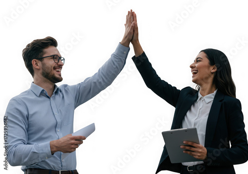 Two happy business people giving a high five isolated on transparent background