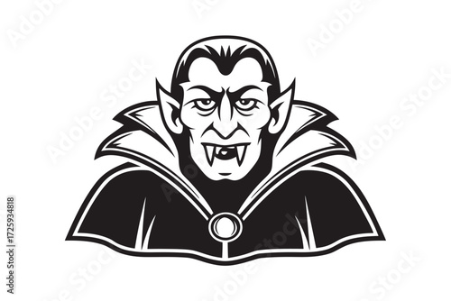 Stern vampire with pointed ears displays sharp fangs while wearing a high collared cape