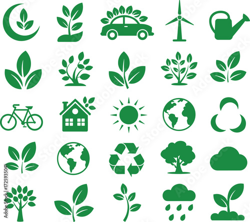 "Eco friendly green icons, sustainability symbols, renewable energy, recycling, nature conservation, environmental awareness, climate change, clean energy, organic lifestyle, ecology design"