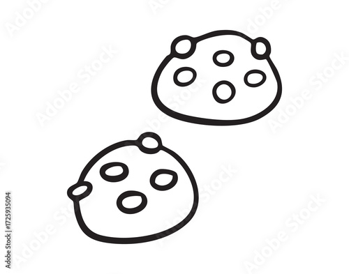 two chocolate chip cookies. monochrome line art, monochrome line art, clean outline, hand drawn, monochrome line art doodle hand drawn cartoon icon element