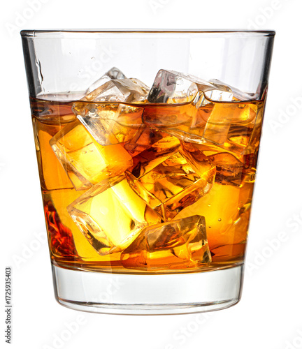 Fotografie Whiskey glass with ice cubes on rocks