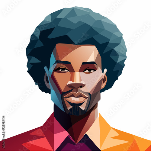 Abstract geometric portrait of a young man with a vibrant, fragmented afro, representing a modern digital identity