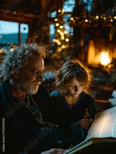 Grandfather reading christmas story to grandchild
