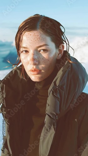 Young woman with freckles posing in arctic landscape