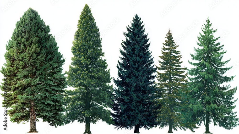 Obraz premium A collection of diverse evergreen trees against a plain white background, showcasing variation in shades of green.