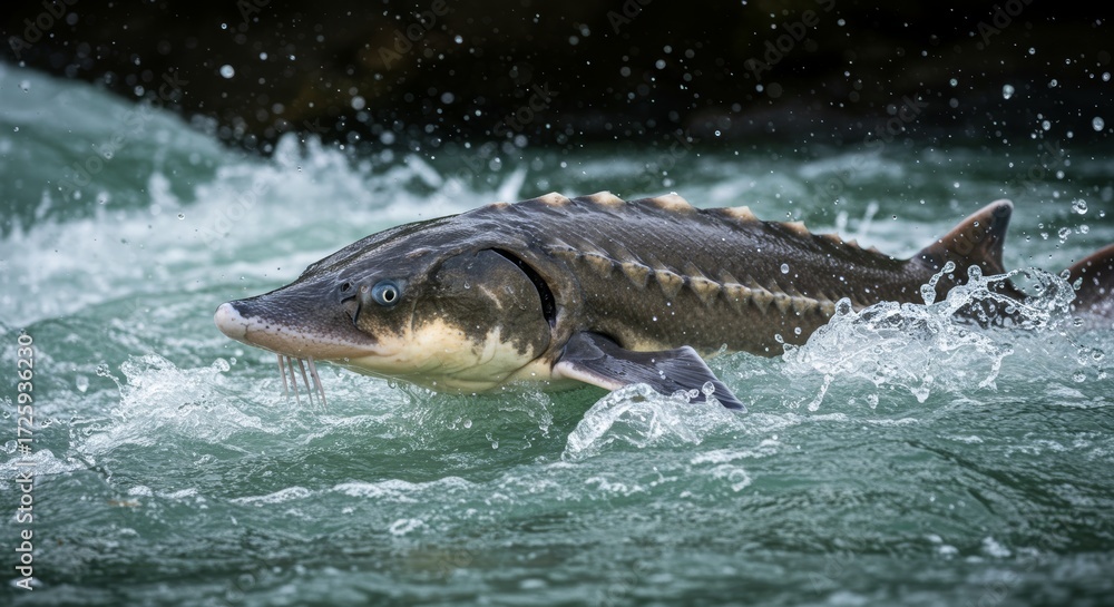 Fototapeta premium A majestic sturgeon gracefully navigating through the rushing river water