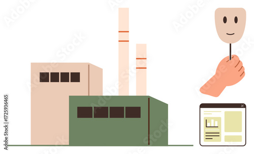 Factory buildings with smoke stacks, smiling mask in hand, and document. Ideal for industry, ethics, transparency, environmental impact, decision-making, workplace culture simple flat metaphor