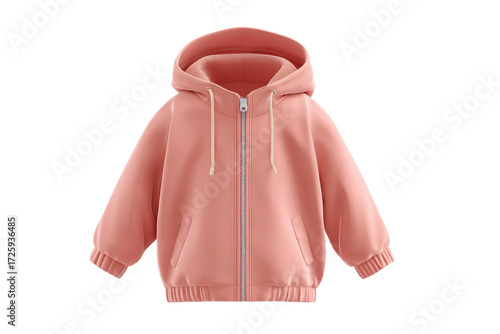 Pink hooded jacket for children with zipper front and ribbed cuffs, cut out