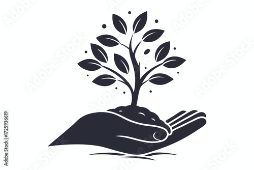 Stylized hand holds earth with a young tree sprouting, symbolizing growth and nature
