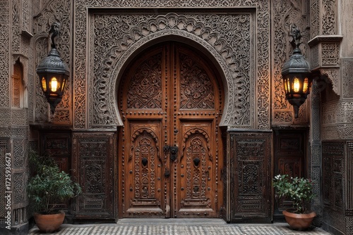 Intricately carved wooden door with ornate architectural details and lanterns