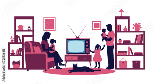 A cozy family enjoys watching television together in their living room while a cat lounges nearby.