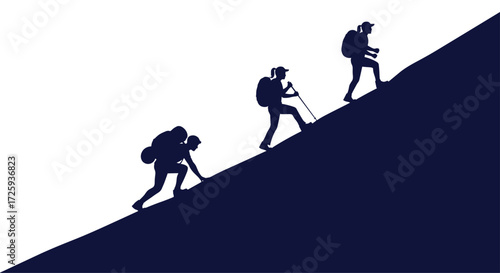 Three hikers with backpacks ascend a steep blue mountain slope on a white background.