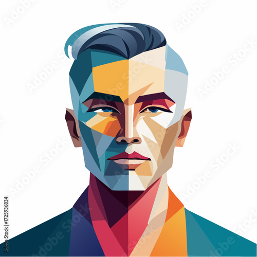 A striking low-poly portrait of a modern man's face, a conceptual illustration of digital identity and geometric complexity