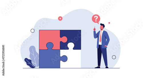 A man in a suit is thinking about a puzzle with four pieces and a question mark above his head.