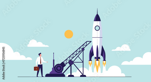 A businessman stands ready as his rocket ignites and prepares for a powerful launch into the sky.