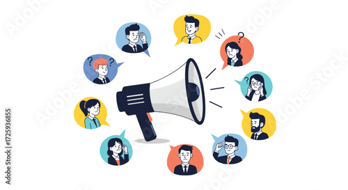 Megaphone announcing news to a diverse group of people communicating their thoughts.