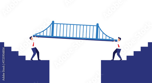 Two businessmen work together to build a bridge connecting two sides of a gap.