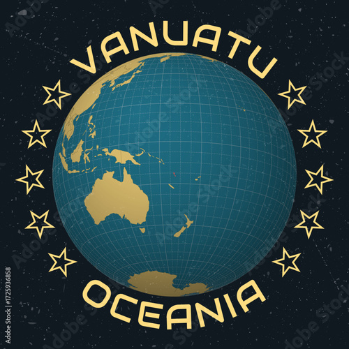 Republic of Vanuatu on Globe. Country name round text. Vintage look with grunge scratched texture. Country view on world map in Sky Blue Light Yellow color palette. Vanuatu shape on map.