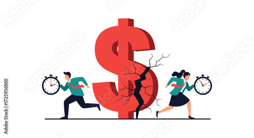 Men and women running against the clock with a broken dollar sign
