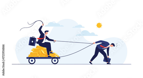 Exploitative boss driving tired employee with a cart full of gold coins.