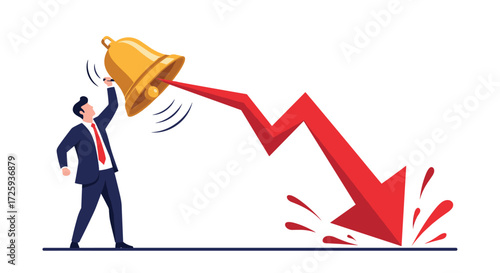 Businessman ringing a bell signaling a sharp market downturn and financial crisis.
