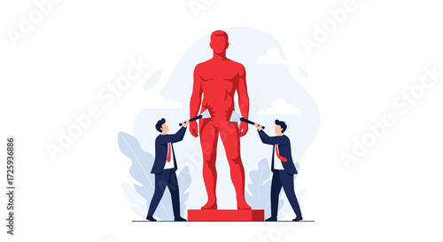 Two businessmen inspect a giant red human statue in this conceptual illustration.