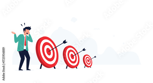 A confused businessman looks at three targets with arrows missing the bullseye.