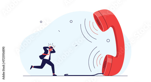 Man running away from a giant ringing telephone in distress.