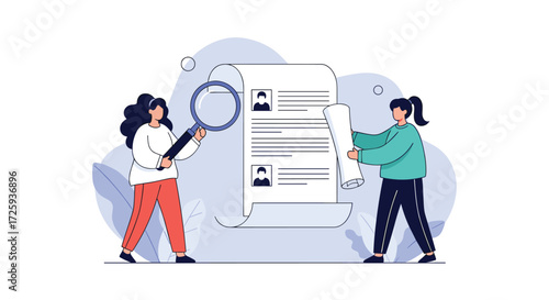 Analyzing and reviewing job applications with two people and a magnifying glass.