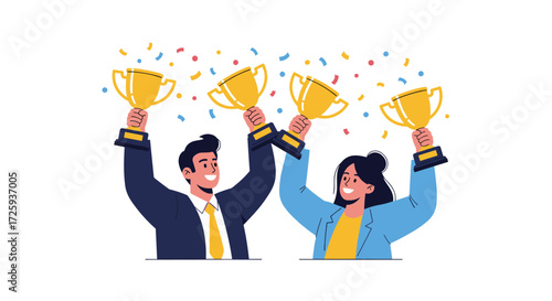 Two happy people holding up golden trophies with confetti raining down.