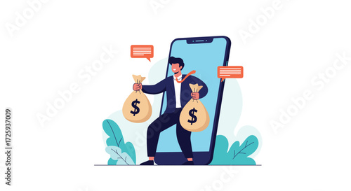 Man with money bags emerging from a smartphone suggesting online financial success.