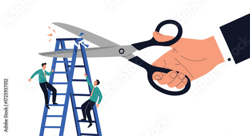 Giant scissors cutting a ladder with tiny people climbing it. 