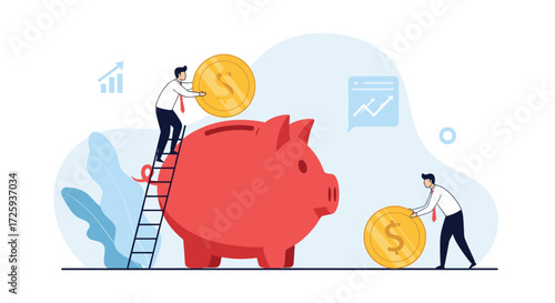 Illustrating the concept of saving money through a piggy bank and coin insertion.