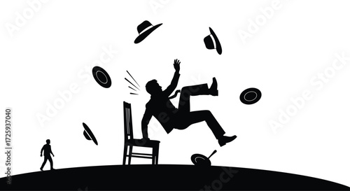 A businessman tumbles from a chair surrounded by falling hats plates and coins.