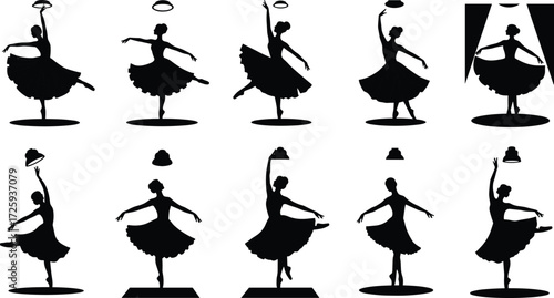 Ballerina silhouette, dance pose, ballet movement, artistic gesture, stage curtain, elegant dancer, shadow platform, performance art, graceful motion